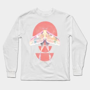 Pink Luna Moth Watercolor on Green Background Long Sleeve T-Shirt